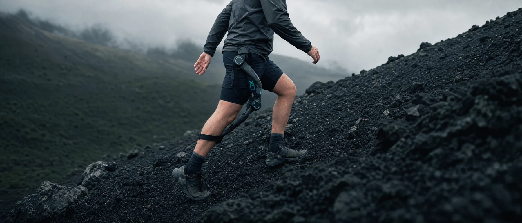 Adult moving through a rugged outdoor landscape